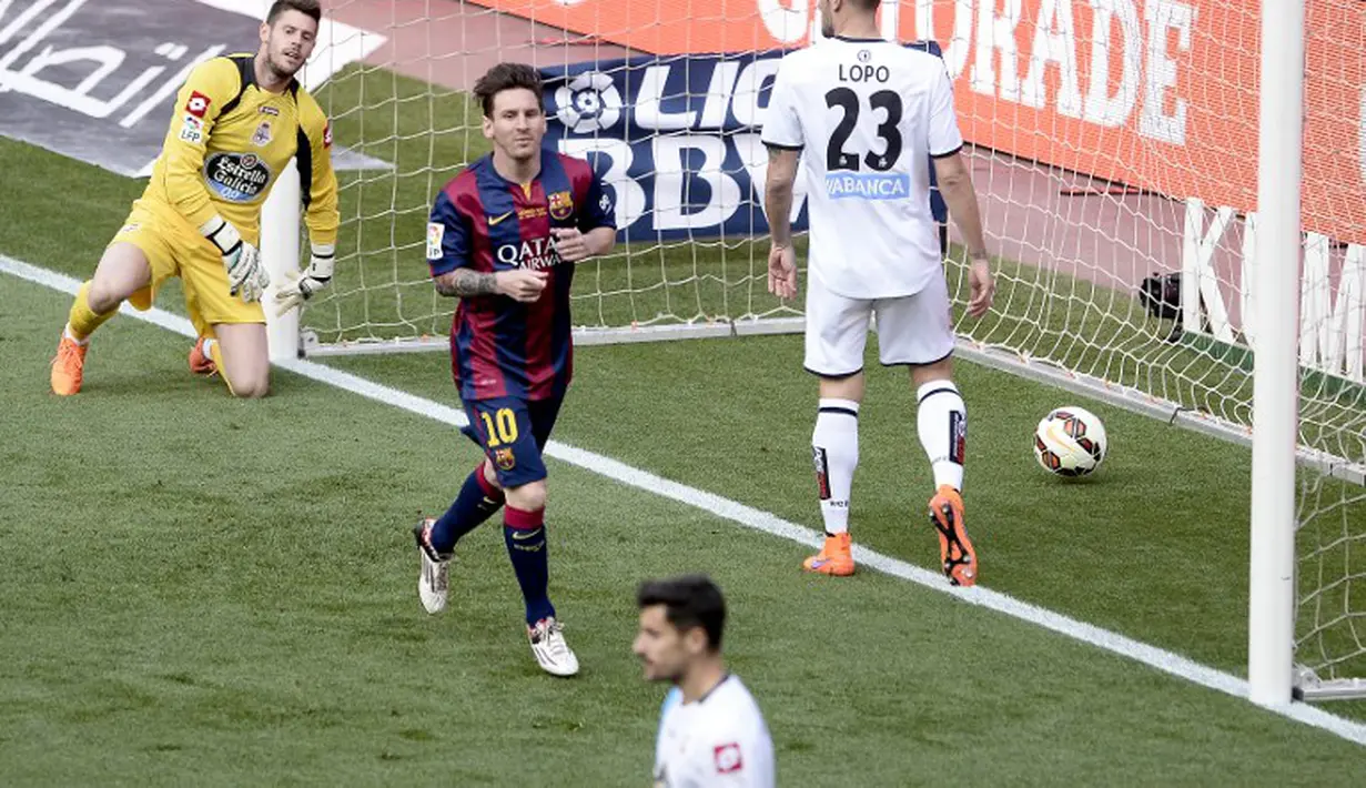 Selebrasi penyerang Barcelona, Lionel Messi usai mencetak gol pada pertandingan melawan Deportivo (AFP PHOTO / JOSEP LAGO)