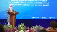 Menaker Ida Fauziyah dalam peluncuran buku Panduan Teknis Penyelenggaraan Layanan dan Pelindungan Pekerja Migran Indonesia (PMI) yang Responsif Gender di Jakarta
