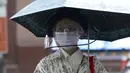 Seorang wanita mengenakan masker untuk membantu melindungi diri dari penyebaran virus corona COVID-19 di Taipei, Taiwan, Senin (12/7/2021). Kasus COVID-19 di Taiwan naik ke level tiga. (AP Photo/Chiang Ying-ying)