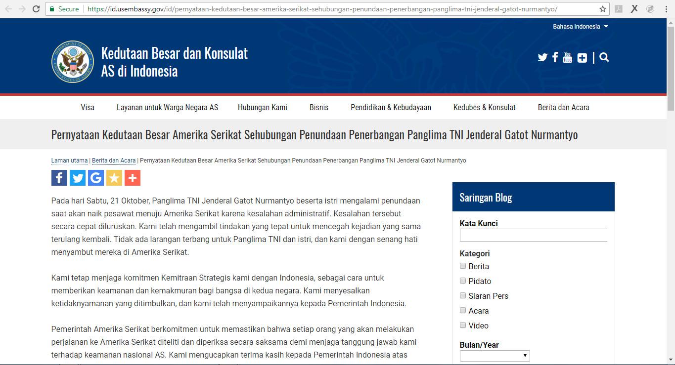 Rilis Kedutaan AS di Indonesia seputar insiden yang melibatkan Jenderal Gatot Nurmantyo (US Embassy in Indonesia)
