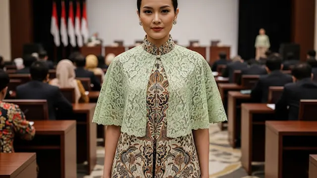 Batik Brokat Model Cape dengan Sentuhan Kerah Shanghai