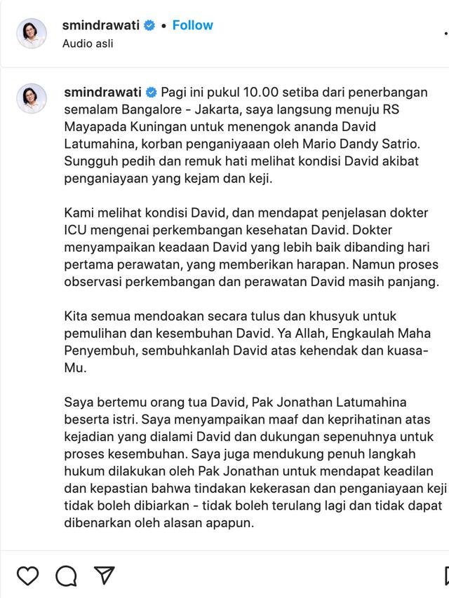 Unggahan Sri Mulyani soal kasus David Latumahina. (Foto: Dok. Instagram @smindrawati)