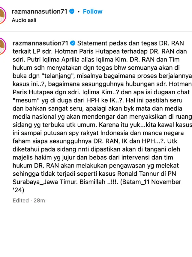 Unggahan Razman Arif Nasution. (Foto: Dok. Instagram @razmannasution71)