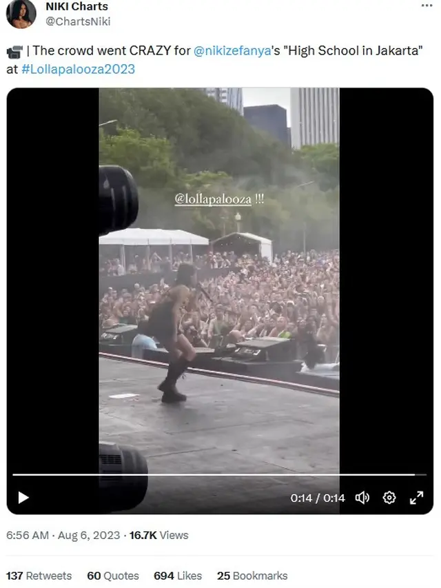 Unggahan tentang penampilan NIKI di Lollapalooza. (Twitter/ ChartsNiki)