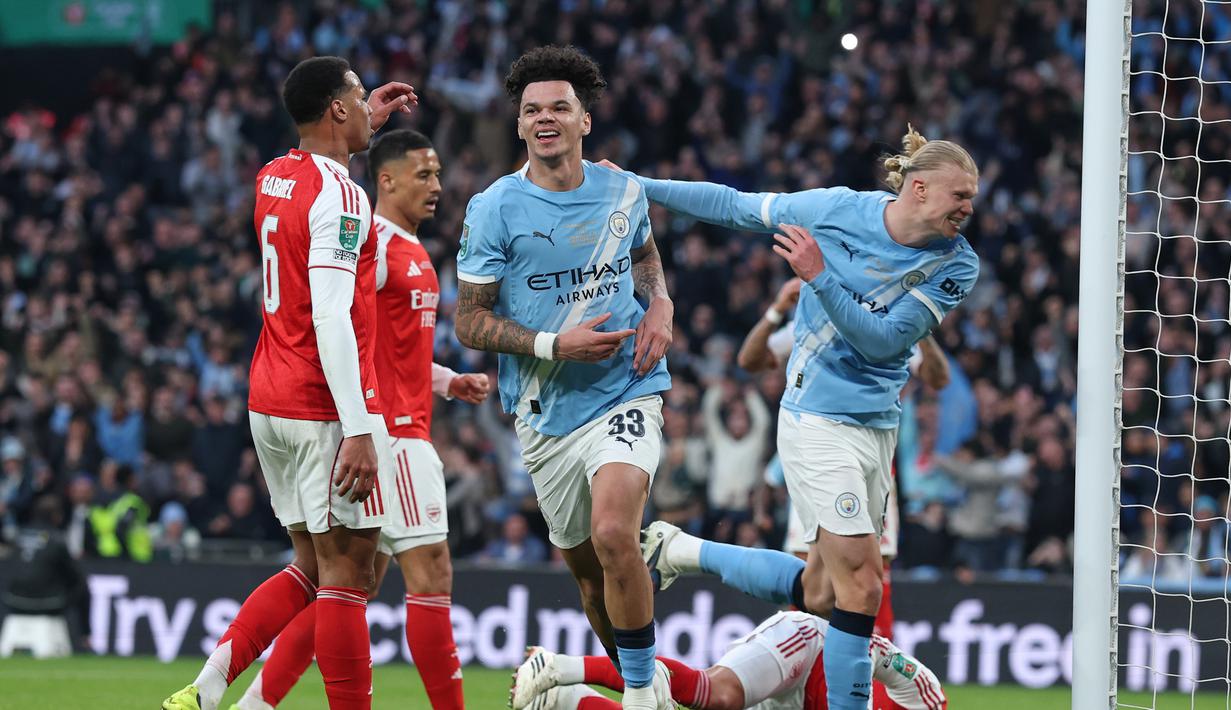 Hasil ini memastikan Manchester City keluar sebagai juara Carabao Cup musim 2025/2026. Arsenal yang dilatih Mikel Arteta harus puas mengakhiri perjalanan mereka sebagai runner-up. (AP Photo/Richard Pelham)