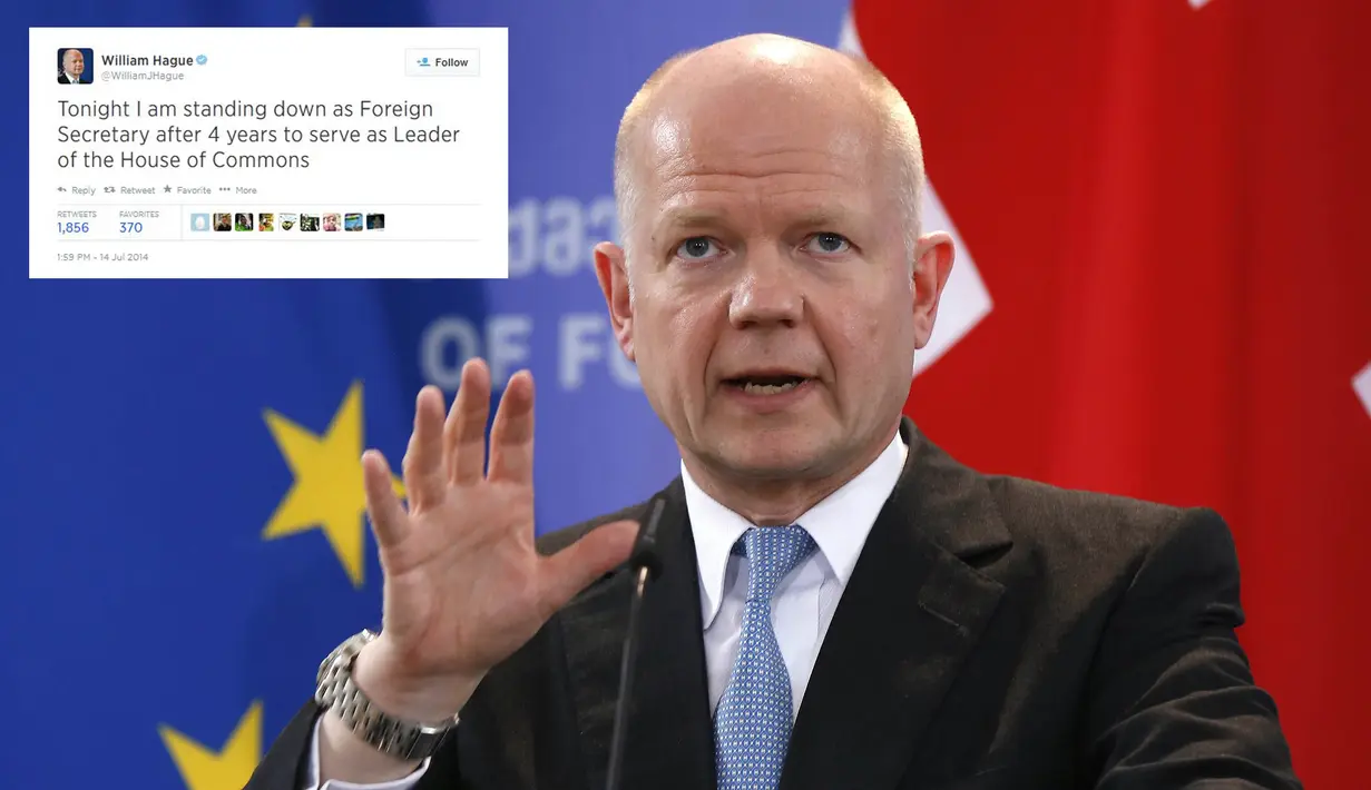 Senin (14/7/14), melalui akun Twitter miliknya, William Hague mengumumkan pengunduran dirinya. (REUTERS/David Mdzinarishvili/)