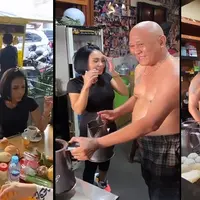 Yuni Shara tampak terkejut dengan aksi peracik kopi yang sangat piawi. Bahkan, peracik kopi tersebut santai tak mengenakan baju alias telanjang dada. Berikut potret Yuni Shara ngopi di warung kopi legendaris. [Instagram/yunishara36]