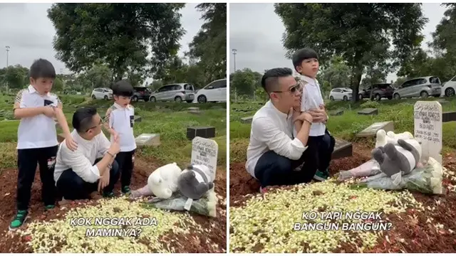 6 Momen Anggi Pratama Ziarah ke Makam Stevie Agnecya Bareng Anak, Akui Rindu