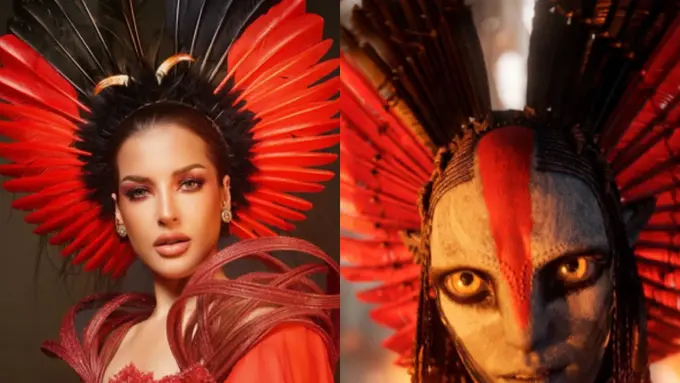 Tasya Farasya Dibalut Gaun Merah dan Headpiece Berbulu Layaknya Varang saat Premier Avatar. [@tasyafarasya]