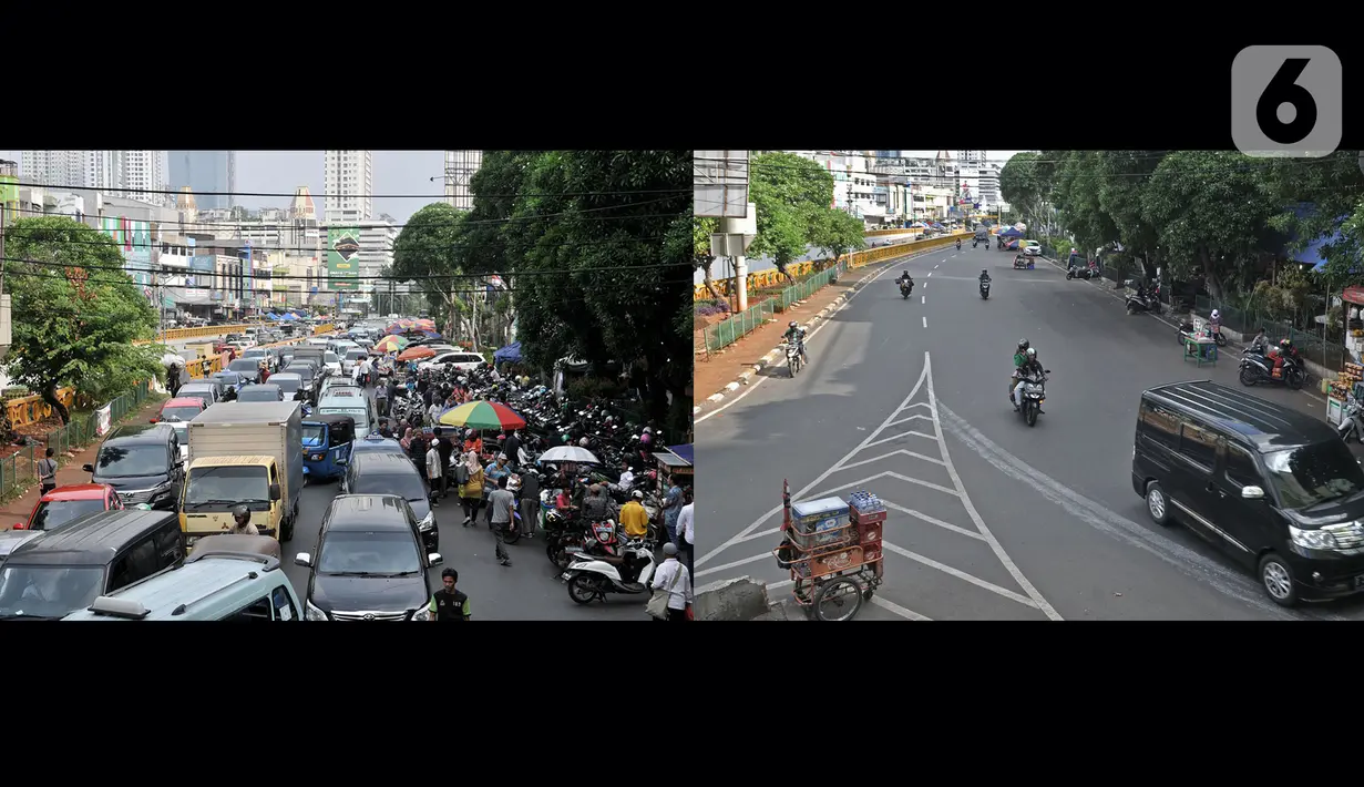 Foto kombo yang menunjukkan suasana Pasar Tanah Abang pada Ramadan tahun lalu (16/5/2019) dan saat pandemi virus Corona atau Covid-19, Jakarta, Selasa (5/5/2020). (merdeka.com/Iqbal S. Nugroho)