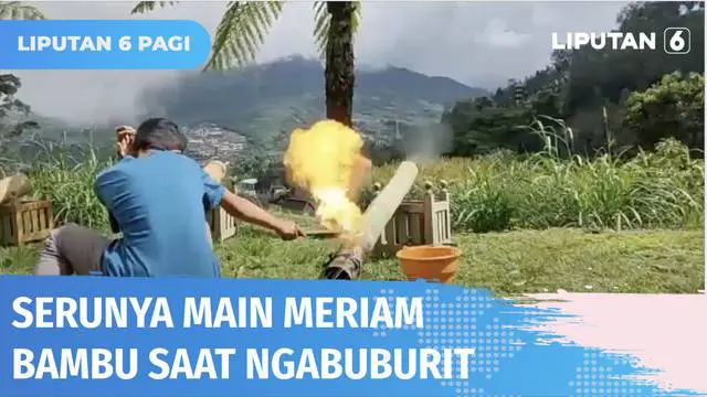 Sambil ngabuburit atau tunggu waktunya berbuka puasa, sekelompok anak di Lereng Gunung Merbabu, Boyolali, asyik bermain meriam bambu. Dilakukan di lahan kosong, meriam bambu ditata berjajar dan disulut hingga hasilkan suara yang menggelegar.