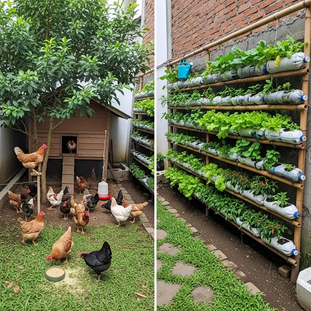 Cara Menata Ternak Ayam Kampung dan Kebun Vertikal di Halaman Sempit (AI)