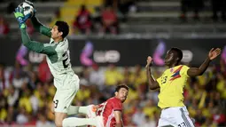 Aksi kiper Mesir, Mohamed El Shenawy (kiri) mengamankan bola dari jangkauan pemain Kolombia, Davinson Sanchez pada laga uji coba di "Atleti Azzurri d'Italia Stadium”, Bergamo, (1/6/2018). Mesir dan Kolombia bermain imbang 0-0. (AFP/Marco Bertorello)