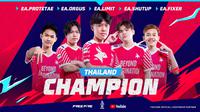 Tim esports Thailand, EArena keluar sebagai juara Free Fire SEA Invitational. Mereka membawa hadiah utama USD 100.000, dengan total 232 poin (Garena)