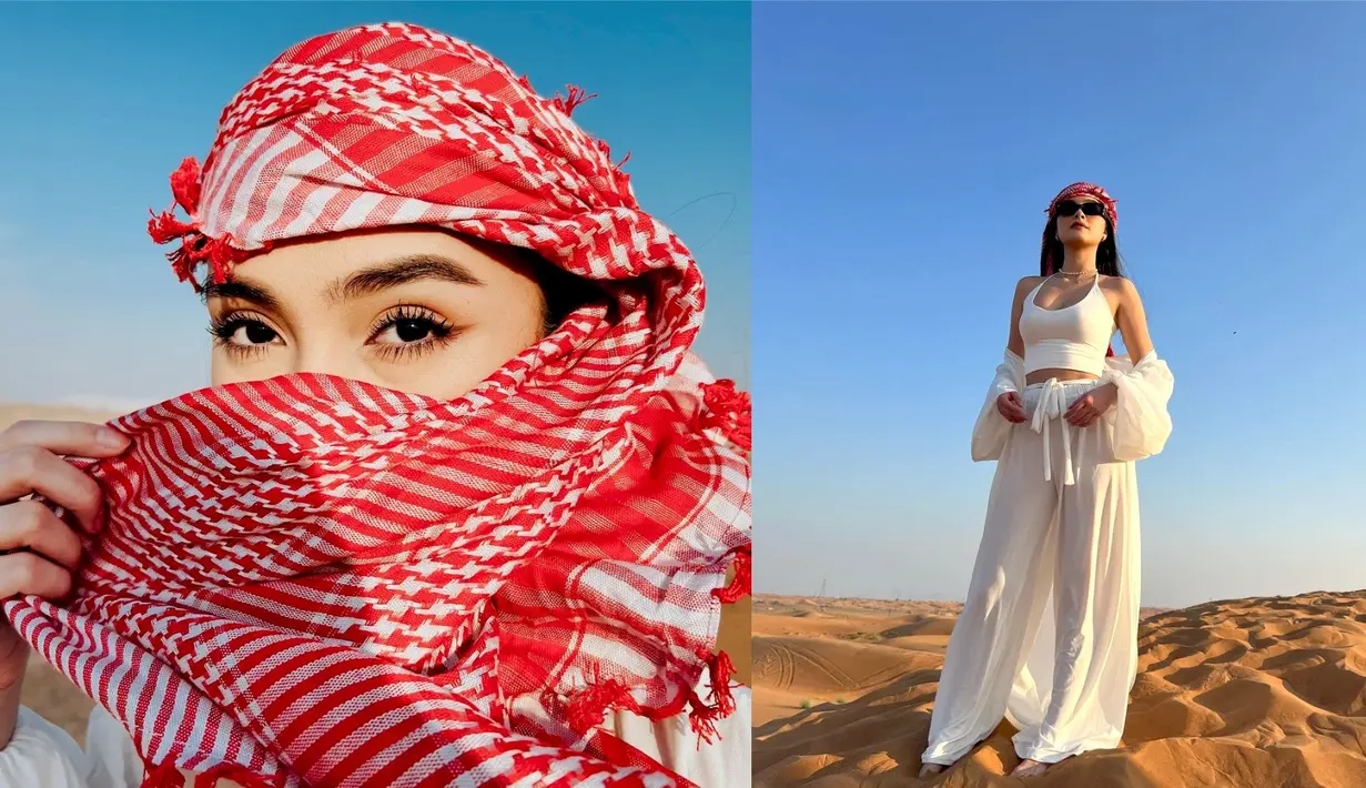 Penampilan Caitlin Halderman dengan sorban merah juga menarik atensi netizen. Aktris 23 tahun itu pun memadukannya dengan tank top, loose pants, dan outer serba putih. [@caitlinhalderman]