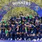 Pemain Paris Saint-Germain (PSG) melakukan selebrasi usai menjuarai Liga champions 2024/2025 di Stadion Allianz Arena, Minggu (01/06/2025) dini hari WIB. (AP Photo/Matthias Schrader)