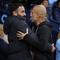 Pertemuan Ruben Amorim dan Pep Guardiola pada laga pekan ke-4 Premier League musim 2025/2026 -&nbsp;AP Photo/Dave Thompson
