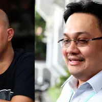 Ahmad Dhani dan Farhat Abbas. Keduanya berseteru sejak Dhani melaporkan Farhat pada akhir Desember 2013 atas dugaan pencemaran nama baik dan fitnah atas kicauan Farhat di twitter. (Andy Masela-Wimbarsana/Bintang.com)