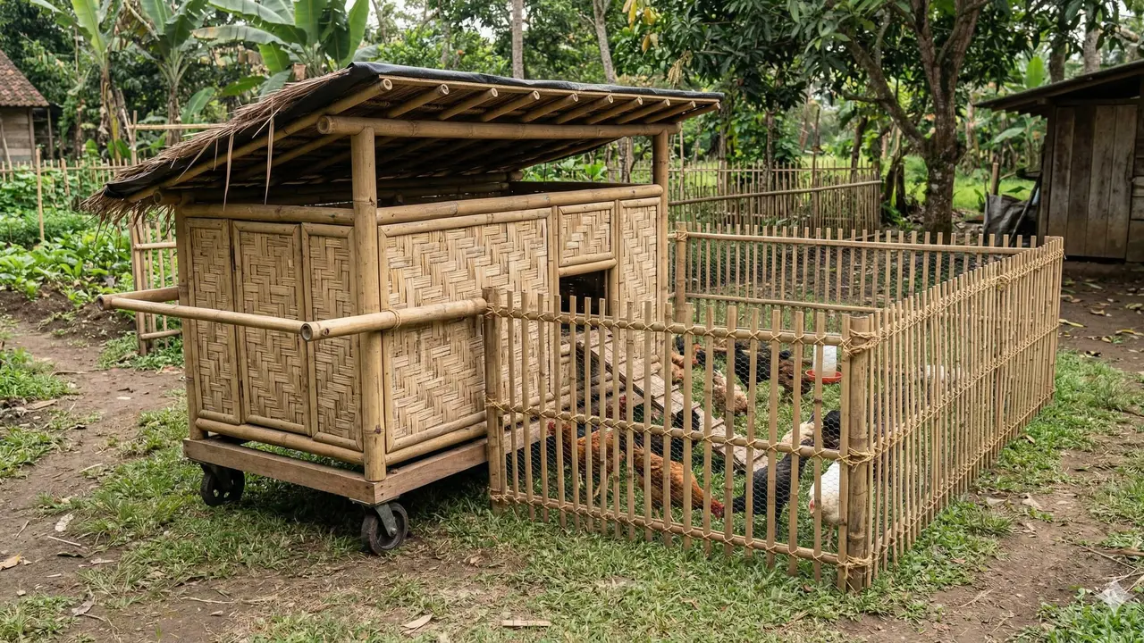 Kandang Ayam Umbaran dengan Pagar Bambu (Foto: Gemini AI)