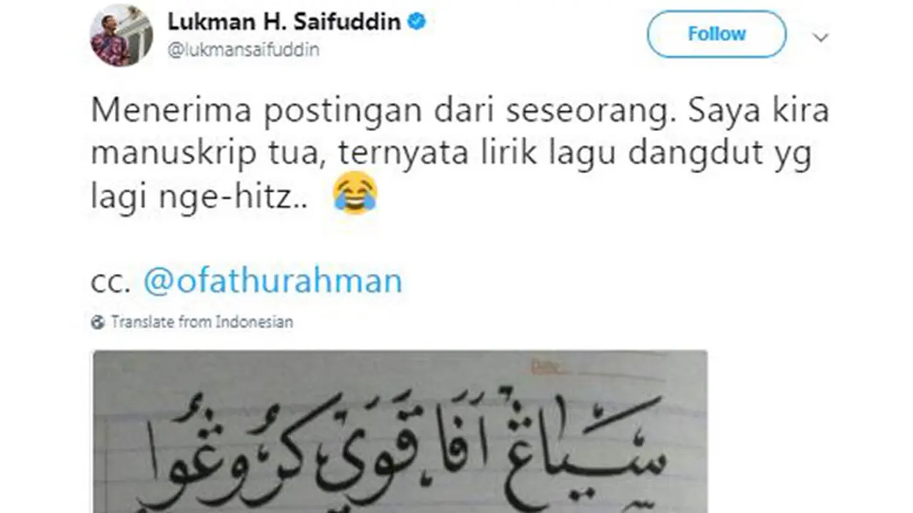 Menteri Lukman Unggah Tulisan Arab, Ternyata Lagu Via Vallen