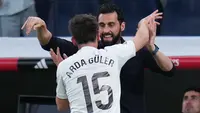 Gelandang Real Madrid, Arda Guler, mencetak gol spektakuler saat timnya menang 4-1 atas Elche pada laga pekan ke-28 La Liga di Santiago Bernabeu, Minggu (15/03/2026) dini hari WIB. (AP Photo/Manu Fernandez)