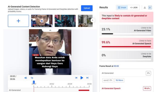 Video dan audio klaim Menkeu Purbaya mengumumkan program bantuan untuk masyarakat menunjukkan hasil AI. (Foto: tangkapan layar Hive Moderation)