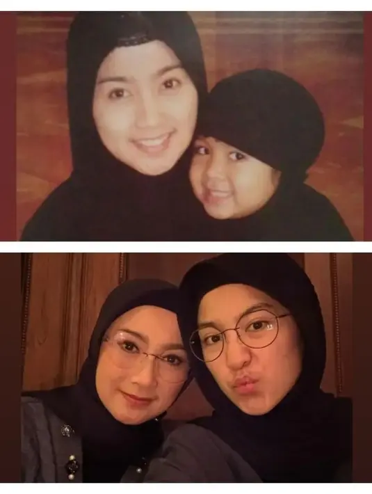 <p>Ibu dan anak itu juga kerap tampil kompak. Potret kolase Nasywa bersama Desy saat kecil dan potret terbaru Nasywa. Menginjak usia remajasama seperti sang Bunda, Nasywa juga menutup auratnya dengan berhijab. [Instagram/@desyloverss]</p>