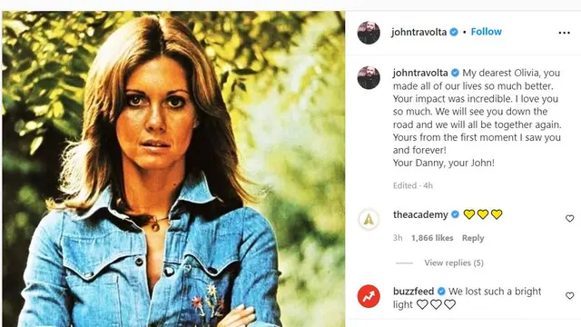Unggahan John Travolta atas meninggalnya Olivia Newton-John. (Instagram/ johntravolta)