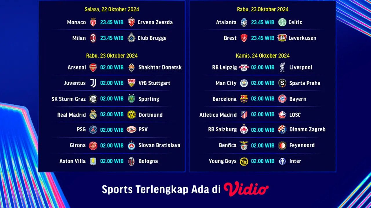 Jadwal Liga Champion 2024/25 Matchweek 3 di Vidio