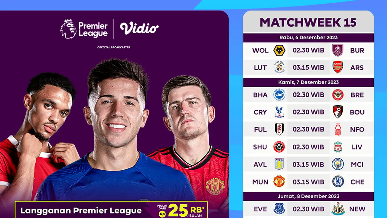 Jadwal dan Live Streaming Liga Inggris Gameweek 15 di Vidio
