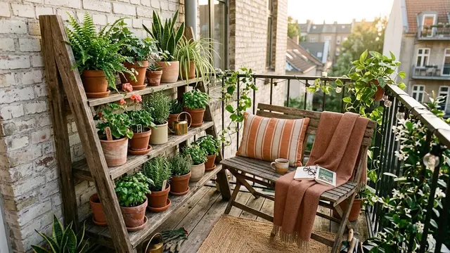 Desain Balkon Sempit dengan Rak Tanaman dan Bangku Lipat