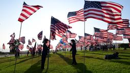Orang-orang membantu pengibaran bendera AS untuk peringatan 20 tahun serangan 9/11 di Pepperdine University di Malibu, California, Rabu (8/9/2021). Selama 14 tahun, universitas itu memperingati tragedi 11 September 2001 dengan mengibarkan sekitar 3.000 bendera Amerika. (Frederic J. BROWN/AFP)