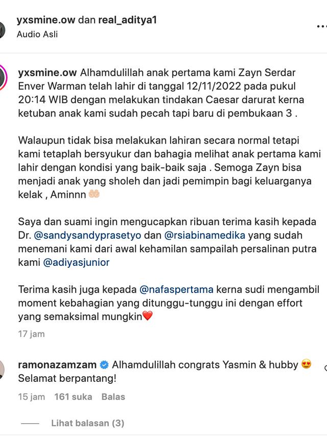 Unggahan Aditya Zoni dan Yasmine Ow. (Foto: Dok. Instagram @real_aditya1)