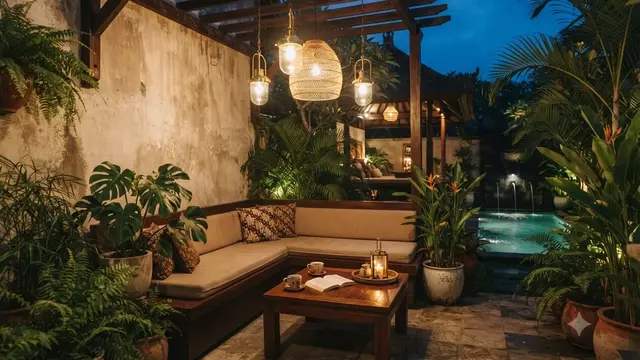 Area Santai Outdoor dengan Lampu Warm White