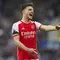 Ekspresi Declan Rice, pemain Arsenal, pada pertandingan Liga Inggris di markas Everton, Goodison Park, Minggu, 17 September 2023. (AP Photo/Jon Super)