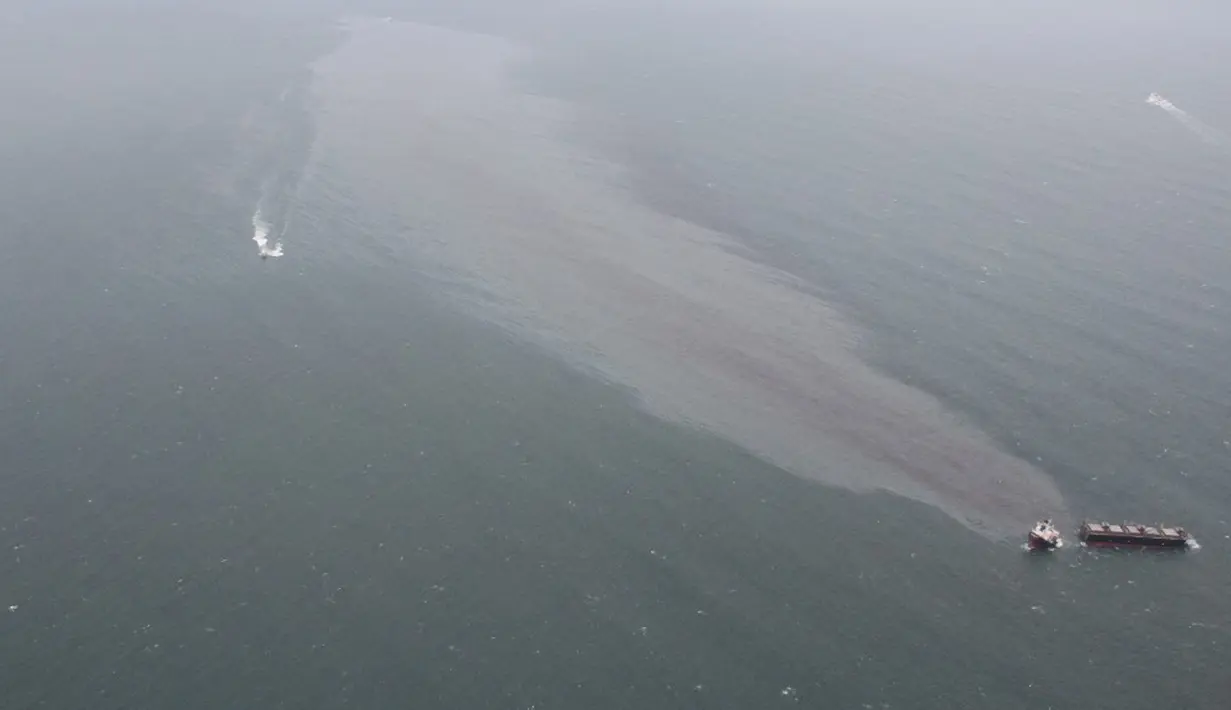 Foto selebaran yang diambil dan diterima pada 12 Agustus 2021 dari Markas Besar Penjaga Pantai Regional ke-2 Jepang menunjukkan kapal Panama, Crimson Polaris, kandas di Hachinohe, Prefektur Aomori. Kapal kandas dan menumpahkan minyak. (Handout/Japan's 2nd Regional Coast Guard Headquarters/AFP)