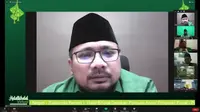 Ketua Umum Pimpinan Pusat Gerakan Pemuda (GP) Ansor Yaqut Cholil Qoumas saat memberikan sambutan pada Halalbihalal Virtual GP Ansor, Sabtu (15/5/2021) malam.