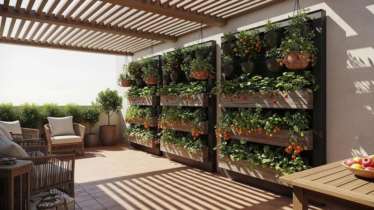 Desain Teras Semi Terbuka dengan Kebun Vertikal dari Tanaman Buah Kecil/Gemini AI