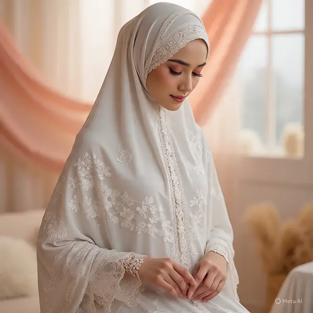 Gamis Brokat Layer Tulle A-Line Warna Putih (Created by Meta AI)