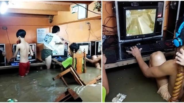 Viral Bocah Tetap Main Game di Warnet saat Diterjang Banjir dan Badai, Santai Banget