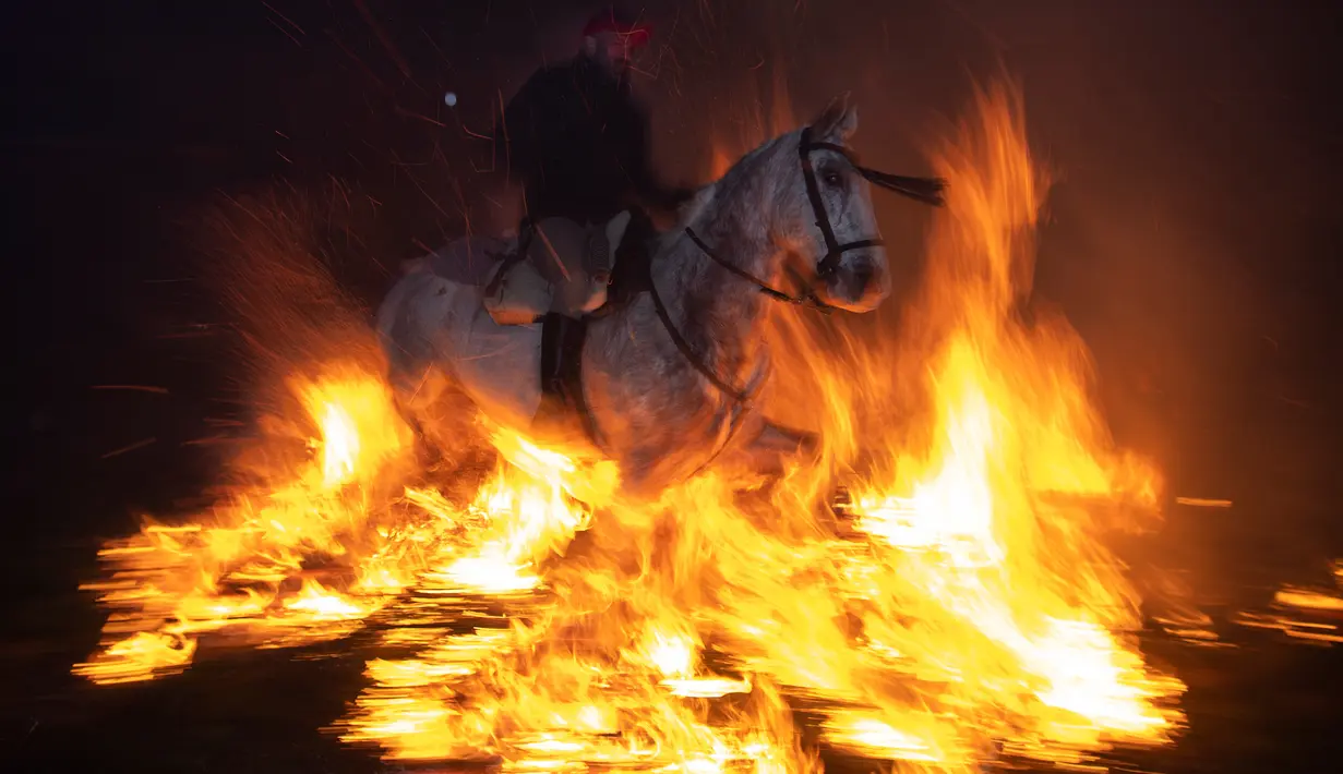 Penunggang kuda melompati api unggun selama festival Luminarias di San Bartolome de Pinares, Spanyol, Rabu (16/1). Penduduk desa ini menegaskan tidak pernah ada warga maupun binatang yang terluka sepanjang festival diadakan. (GABRIEL BOUYS / AFP)