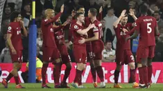 Pemain Liverpool merayakan gol yang dicetak oleh Diogo Jota saat laga pekan ke-31 Liga Inggris 2022/2023 di Elland Road, Leeds, Selasa (18/04/2023). The Reds menang dengan skor 6-1. (AP Photo/Rui Vieira)