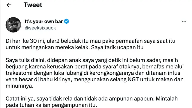 Jonathan Latumahina membagikan kondisi terkini David Ozora setelah 30 hari dirawat intensif di rumah sakit lewat medsos. (Foto: Dok. Twitter terverifikasi @seeksixsuck)