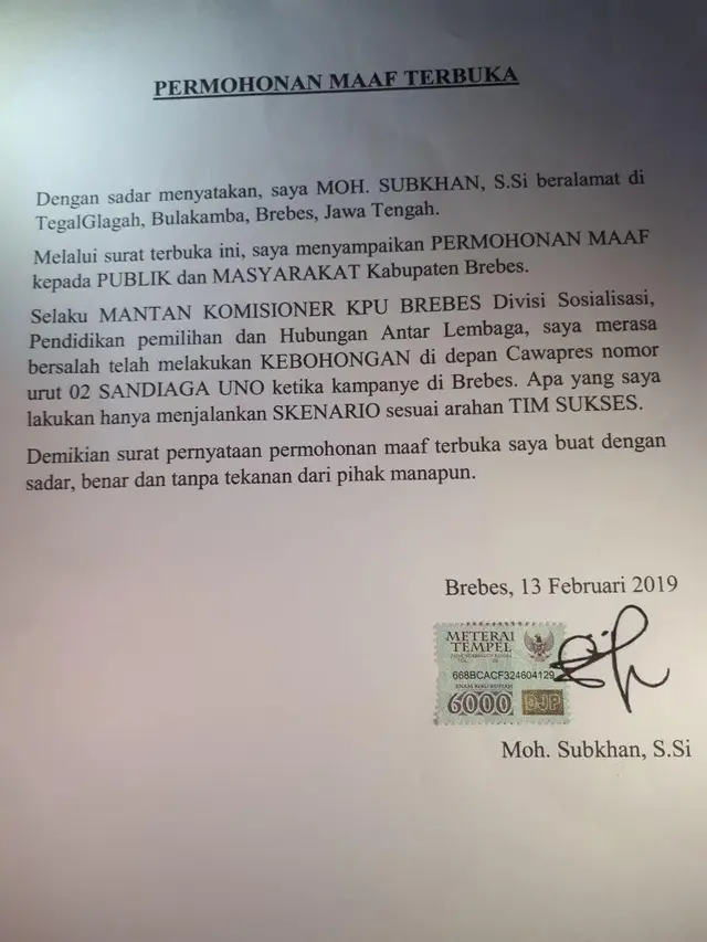 Surat Permohonan Maaf Subkhan