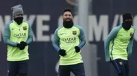 Penyerang Barcelona, Lionel Messi, dalam sesi latihan untuk melawan Real Sociedad pada leg kedua delapan besar Copa del Rey 2016/2017, Jumat (27/12017) dinihari WIB. (AP Photo/Manu Fernandez)