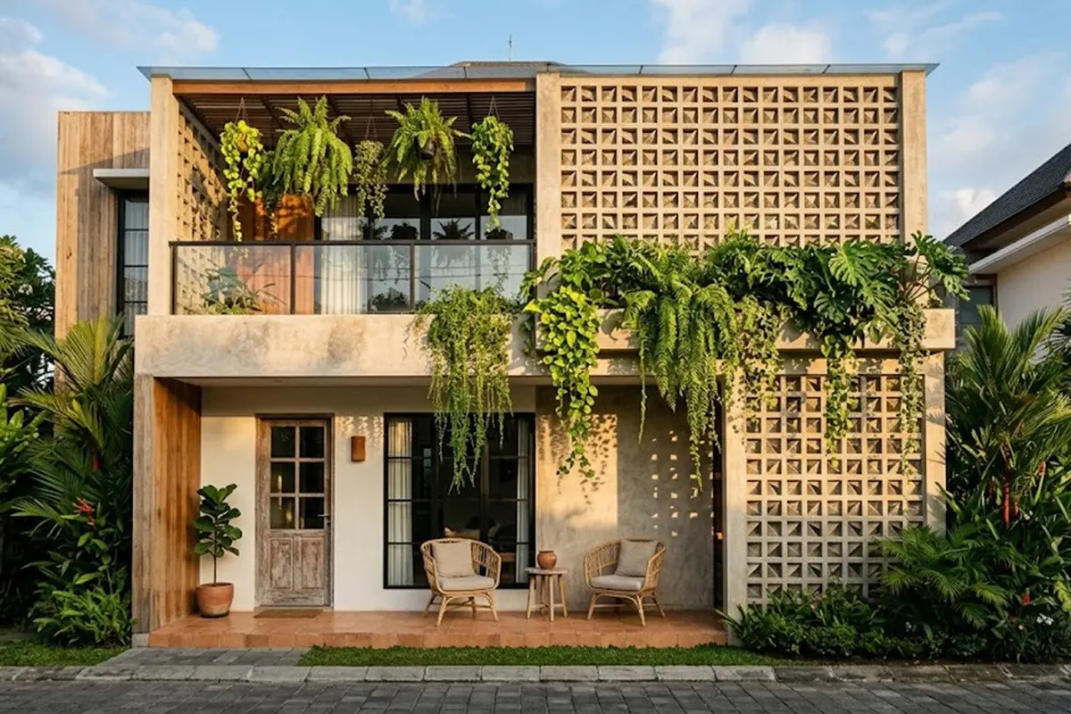 Desain Fasad Rumah dengan Roster dan Tanaman Gantung