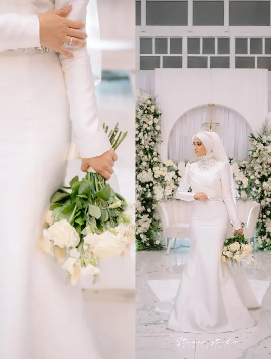 Gaun satin itu berpotongan lengan gaya Victorian dengan rok mermaid yang bikin Nadya terlihat elegan [@nadyamustikarahayu]
