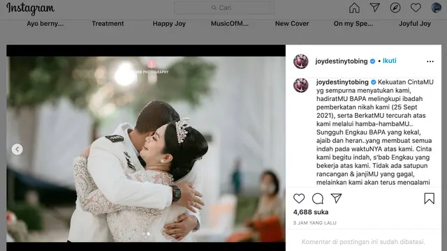 Unggahan Joy Tobing. (Foto: Instagram @joydestinytobing)