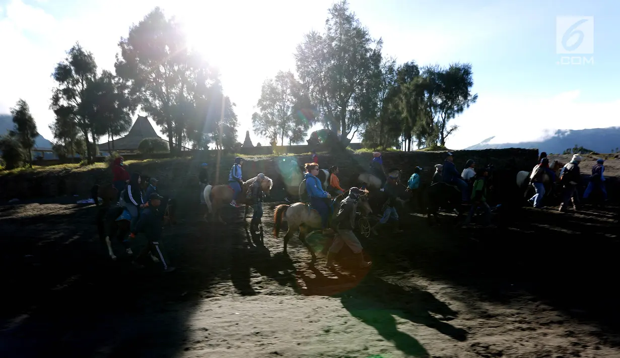 Wisatawan menaiki kuda menuju puncak Gunung Bromo, Malang, Jawa Timur, (29/7). Ratusan wisatawan berbagai daerah setiap harinya memadati kawasan Bromo untuk berwisata melihat terbitnya matahari dan juga kawah Gunung Bromo. (Liputan6.com/Johan Tallo)