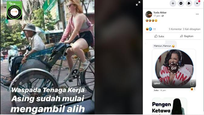 Cek Fakta Liputan6.com menelusuri klaim foto TKA sudah mengambil alih pekerjaan tukang becak